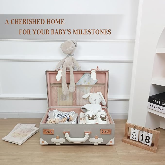 Unitravel Baby Keepsake Case, 18" Handmade Memory Storage Box, Newborn Keepsake Box, Vintage Suitcase for Baby Shower, Baptism, Naming Ceremony or Birthday (grey) - Image 2