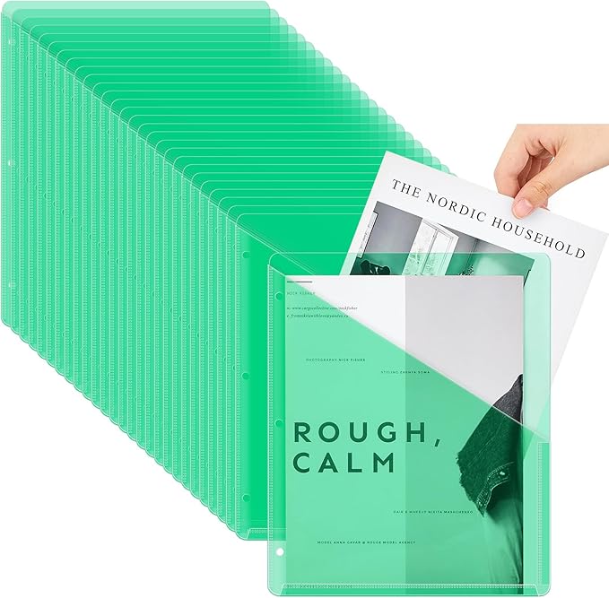 Seajan 100 Pcs Binder Pocket Folders, Clear 3 Ring Binder, Green | Plastic Folders Sleeves with 2 Pockets, Poly Slash File Jackets, 3 Hole Punched Dividers for School, Office, Documents by Seajan