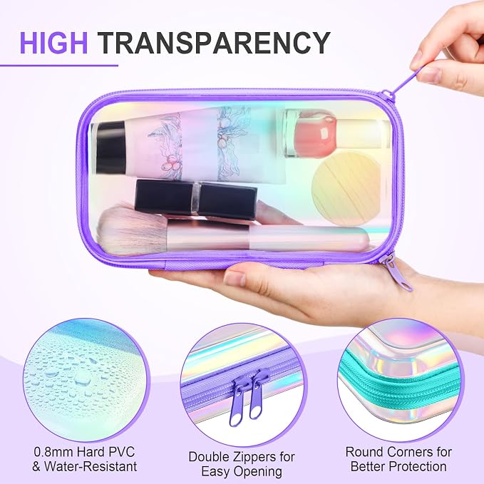 Sanwuta 6 Clear Hard Zipper Case,Holographic,7.48 X 3.94 X 2 Inch | Pencil Case Pouches ,Makeup Bag,Plastic Toiletry Diaper Bag ,Travel Toy Storage,Waterproof Organizer Bins - Image 3