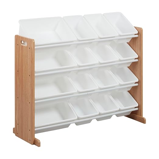 ECR4Kids 4-Tier Organizer with 16 Bins, Toy Storage, Dark Natural/White | Durable plastic bins, MDF panels, steel frame, GREENGUARD Gold Certified, 60 lb capacity, anti-tip kit, playroom/classroom by ECR4Kids
