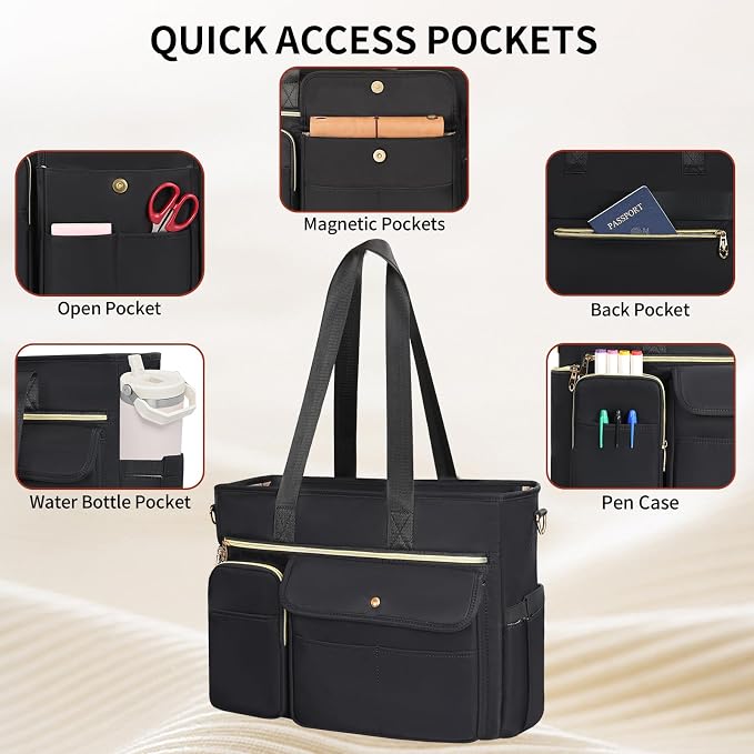 ESTARER Women Teacher Tote Bag 2Pcs, 15.6'' Laptop Work Bag Computer bag with Expandable File Folder, Large Water-Resistant Messenger Shoulder bag w/Insulated Pocket for Office/Travel/College, Black - Image 6