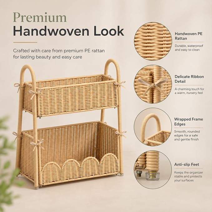 2-Tier Diaper Caddy Organizer, Handwoven Nursery Storage Basket | PE Rattan Diaper Caddy with Side Handles, Large Changing Table Organizer for Diapers, Wipes and Baby Essentials - Image 5