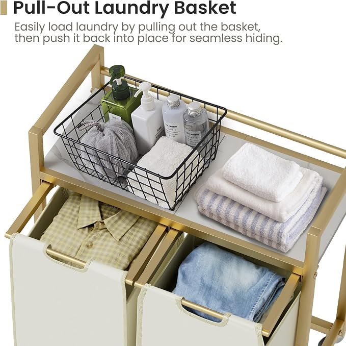 SwaaVee Laundry Sorter, Laundry Hamper with Wooden Top Shelf, 2×14.5Gal(110L), Metal Frame laundry basket with wheels, Pull out and Removable Laundry Bags, 2 Bags-Golden - Image 5