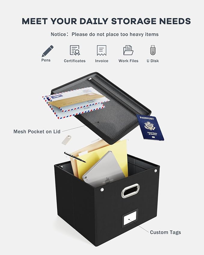 2 Pack File Organizer Box with Lid, Large Hanging Filing Box with Mesh Pocket, Document Organizer for Letter Files, Portable Storage Case for Office&Home (Black) - Image 5