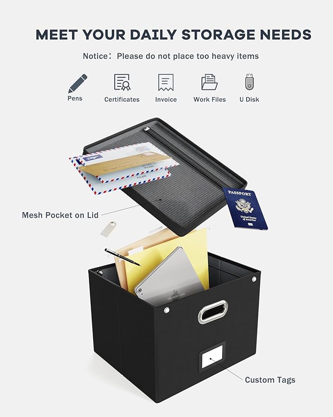 File Organizer Box with Lid,Large Hanging Filing Box with Mesh Pocket, Document c for Letter Files, Portable Storage Case with Smooth Sliding Rail for Office&Home (1 PCS, Black) - Image 4
