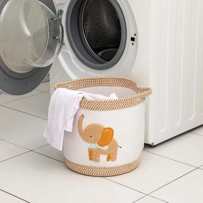 Baby Toy Basket Blanket Baskets Laundry Hamper Cute Elephant Nursery Organization Bins with Handle, Woven Cotton Rope Nursery Storage Basket For Girls Boys Kids Baby Shower Gifts Baskets - Image 5