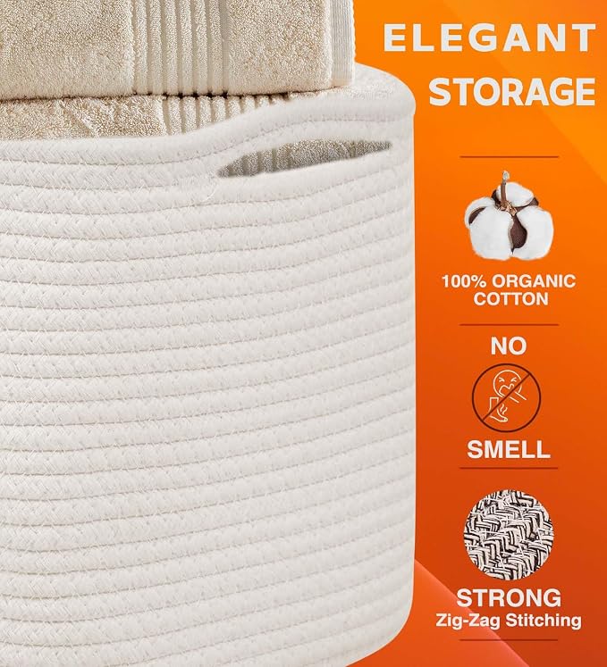 CHAT BLANC Cotton Rope Baskets for Organizing, Shelves, Toys, Storage, Shoe, Bathroom, Laundry, Towel, Nursery, Home Decor, Blanket, Cloth Woven Bins Fabric (Creamy White, 15"x10"x9") - Image 6