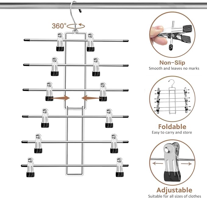Pants Hangers with Clips,Space Saving Hanging Closet Organizer-6 Tiers Skirt Hangers with 360° Swivel Hook,Closet Organizer-Clothes Hangers - Image 6
