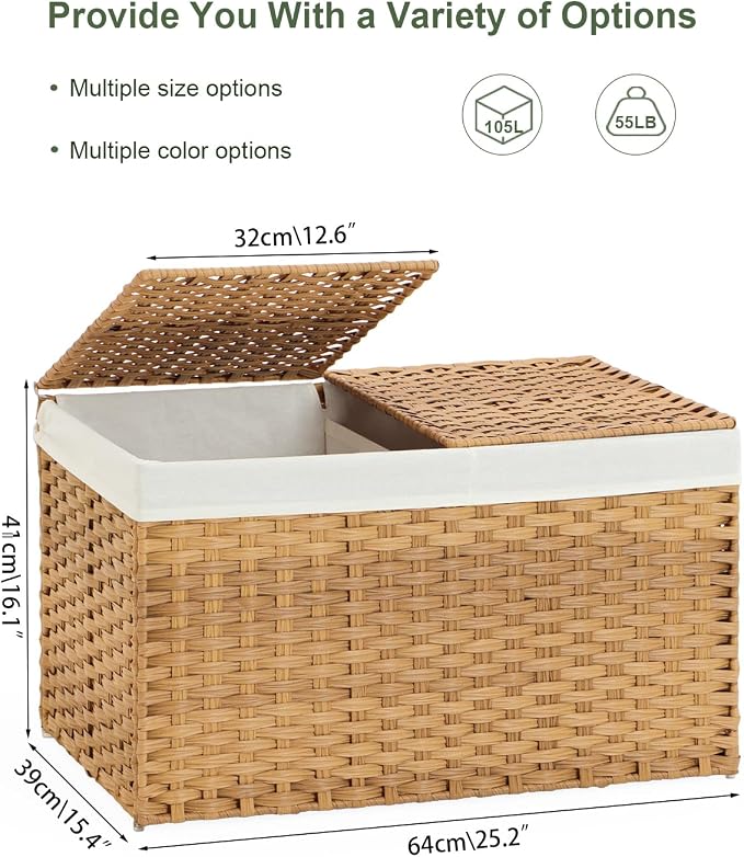 SETVSON Storage Basket with Lid, 2-Lid PE Rattan Storage Bin, Natural | 105L Storage Bin with 2 Separate Lids, 2 Removable Liners for Clothes & Blankets, Sturdy Metal Frame, PE Rattan - Image 4
