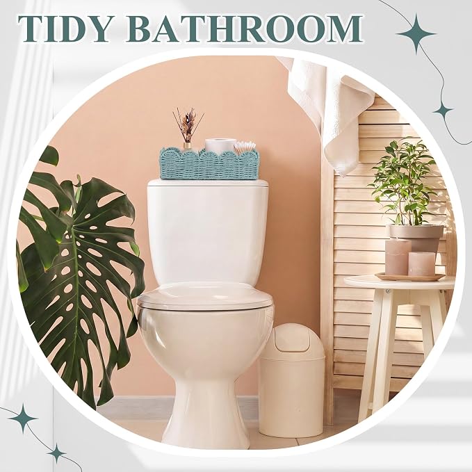 Boao 3 Pcs Boho Storage Wicker Baskets Handmade Woven Decorative Paper Rope Baskets for Organizing with Handle Countertop Toilet Paper Storage Container for Toilet Tank Top (Smoggy,Fan-shaped) - Image 5