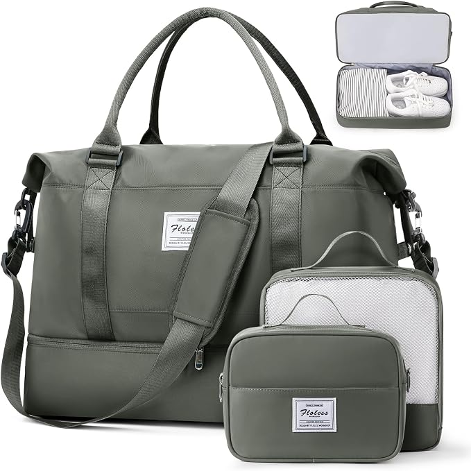 Weekender Bags for Women, Travel Duffel Bags with Shoe Compartment & Wet Pocket,Personal Item Travel Bag for Airlines,Carry on Overnight Tote Bag for women,3Pcs Set，Olive Green by SUNMOP
