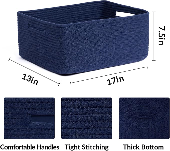 MiniArk Large Storage Baskets for Organizing, 17 x 13 x 7.5” Closet Shelf Baskets for Clothes Blanket Towels, Baby Nursery, Toy Bins Box, Woven Rope Baskets, 4 Packs Navy Blue - Image 2