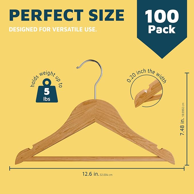 Natural Color Wooden Kids Hangers 100 Pack, Toddler & Baby Wooden Hangers, 11.8" Solid Maple Wood with 360° Swivel Hook, Pants Bar & Notches, Up to 7.7lb Capacity, Space-Saving Design for Ages 0–8 - Image 2