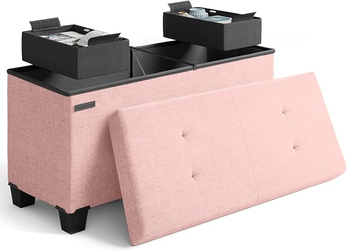 Storage Ottoman Bench with Bins, 30-in Storage Bench for Bedroom End of Bed, Folding Foot Rest Ottoman for Living Room Max 660lbs, Fabric Ottomans, Pink by STORAGEBUD