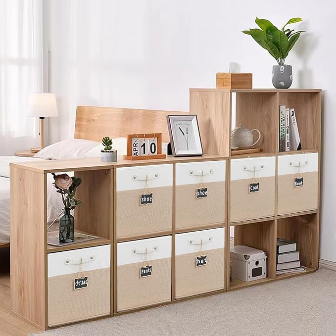 Foldable Fabric Storage Cubes with Labels, Linen Cube Storage Organizer Bins for Kallax Storage - Set of 4 (12 x 12) in White Khaki - Image 3