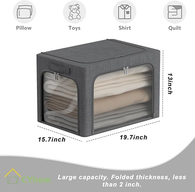 CYhom 3 Openings Clothes Storage Bins Box - 3Pack Stackable Foldable Storage Bin - Metal Frame Storage Box Clothing Storage Organizer with Clear Window, Carry Handles (66L-19.7x15.7x13in, Drak Grey) - Image 5