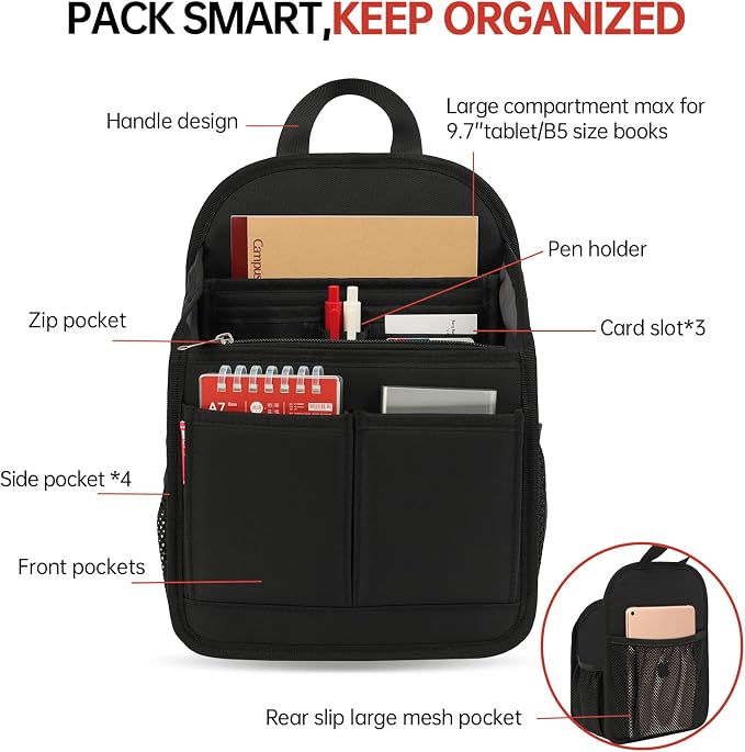 Mini Premium Rugged Backpack Purse Organizer Insert for Women Fashion Small Backpack-19 Pockets,Padded Water-repellent Nylon-Black - Image 3
