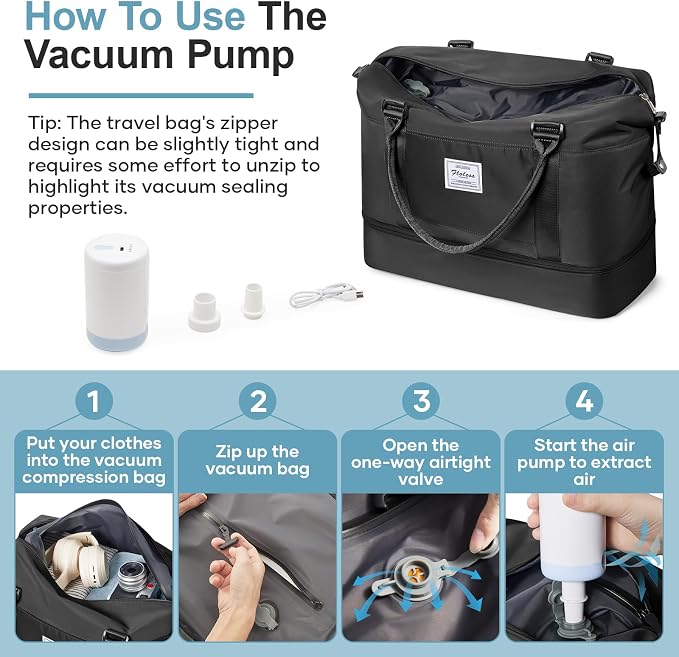 Weekender Bags for Women, Personal Item Travel Bag with Shoes Compartment | Vacuum Overnight Travel Duffel Bag with Air Pump & Compression Pocket - Image 3