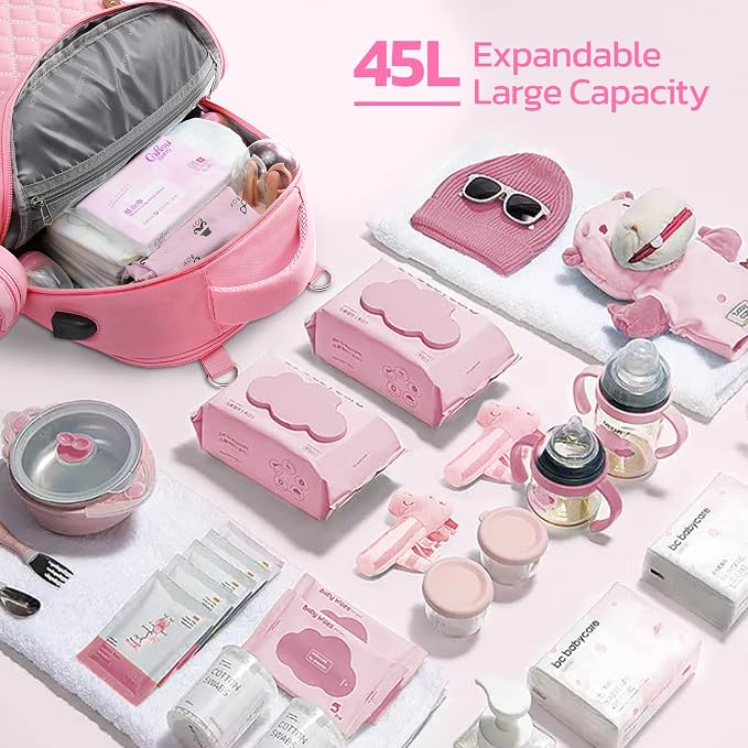 Maelstrom Large Diaper Bag,29L-45L Expandable Diaper Bag Backpack for 2 Kids/Twins Baby Stuff, with Removable Cross Body Bottle Bag for Mom/Dad, Stylish Baby Bag Gift for Boys/Girl-Pink - Image 4