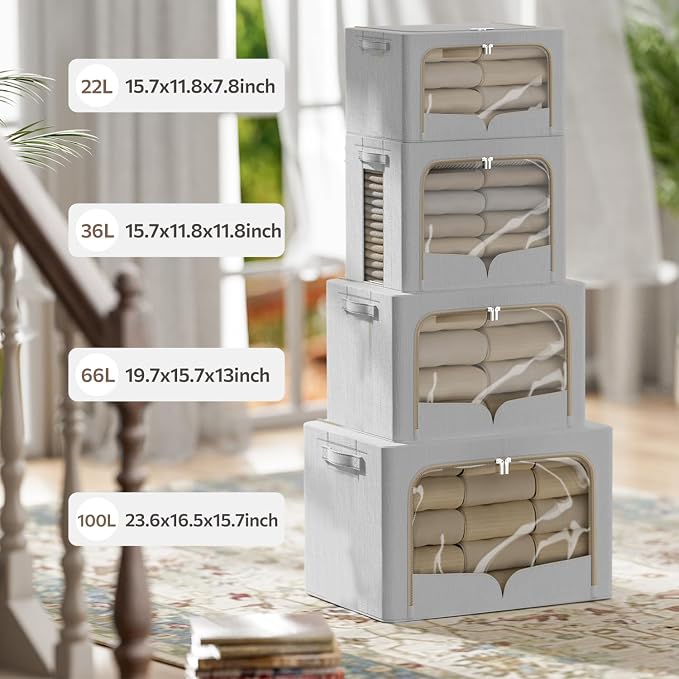FHSQX 3 Pack Clothes Storage Bins - Foldable Metal Frame Storage Box - Stackable Linen Fabric Container Organizer Set with Carrying Handles and Clear Window (Light Gray, 19.7x15.7x13inch(66L)) - Image 4
