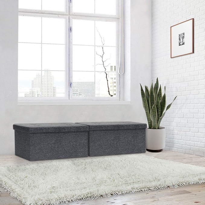 Otto & Ben [2pc Set] Folding Toy Box Chest with SMART LIFT Top Linen Fabric Ottomans Bench Foot Rest for Bedroom and Living Room, Dark Grey - Image 2