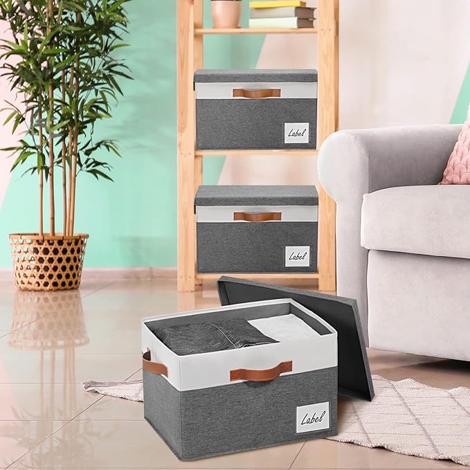 GhvyenntteS Extra Large Storage Bins with Lids, Foldable Fabric Storage Boxes with Lids and Handles, Storage Baskets with Lid and Label for Home Office (3 Pack, Grey, 15.75" x 11.8" x 10.2") - Image 6