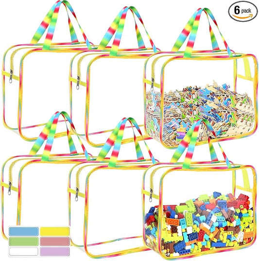 6 Packs Large Toy Storage Bags with Labels, Reusable Clear PVC Board Game Storage, Travel Waterproof Organizer Bags with Zipper Large Capacity (Gradient Color) by OPELETNNT