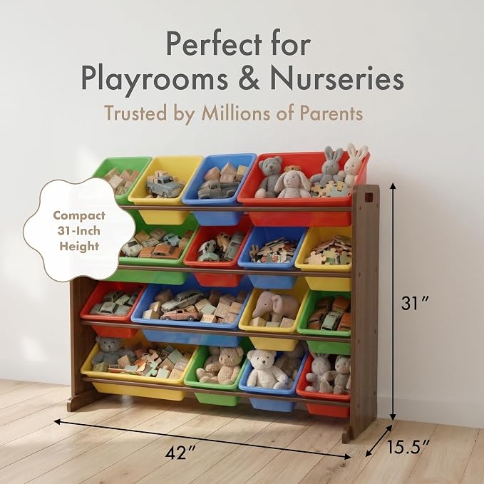 Humble Crew Kids Toy Organizer with 16 Bins, 4 Tier Storage for Playroom | Sturdy wood and steel toddler shelf, removable BPA-free containers, wall anchor anti-tip safety kit for bedroom or classroom - Image 7