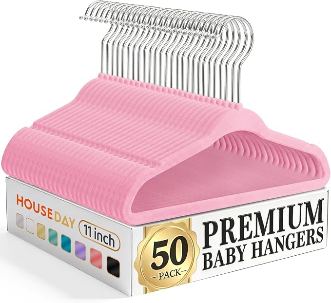 HOUSE DAY 11 Inch Velvet Baby Hangers 50 Pack Lt-Pink, Premium Kids Hangers for Children, Infant & Toddler Clothes, Durable Non Slip Small Baby Felt Hanger for Closet, Ideal for Everyday Use by HOUSEDAY