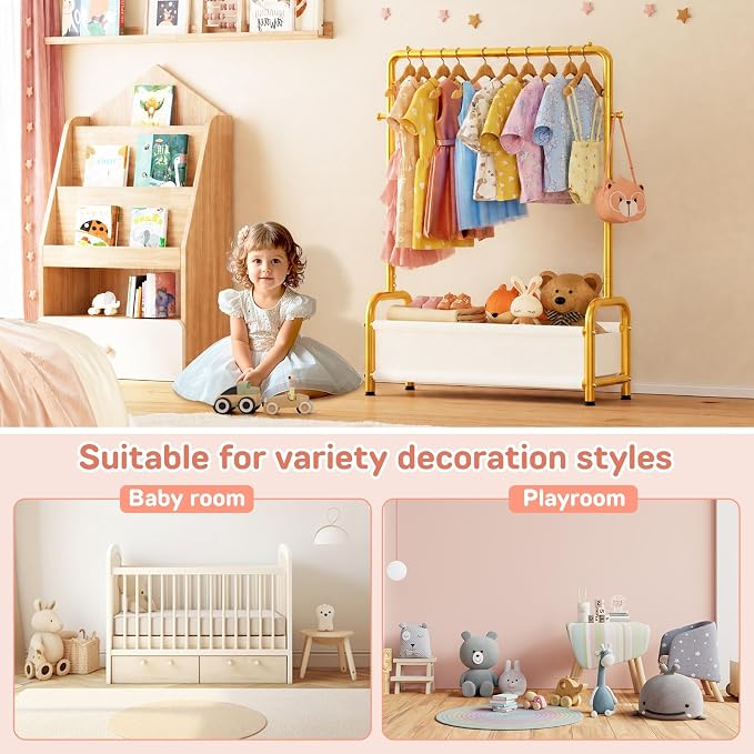 Kids Clothing Rack with Storage Shelf, Kids Dress Up Storage | for Coats, Small Baby Garment Rack for Hanging Clothes, Toddler Wardrobe Closet Organizer (Gold, Classic) - Image 6