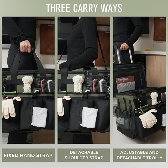 Rolling Cleaning Caddy Bag with Detachable Trolley, Large Cleaning Supplies Organizer with Wheels, Multi-Pocket Cleaning Cart with Adjustable Shoulder Strap for Housekeepers & Home Use, Armygreen - Image 6