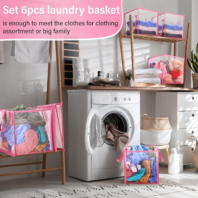 Zopeal 6 Pack Collapsible Mesh Laundry Basket, Pink, Single-layer | 13 Inch Square with Handles, Portable Foldable Hamper, Mesh See-through, Space Saving for Dorm Bedroom Laundry Room - Image 4