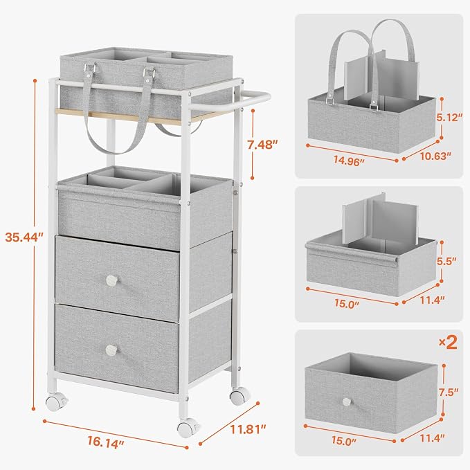 3In1 Modanais Baby Diaper Caddy Organizer Cart with Drawers, Light Gray | Rolling Storage Cart, Removable Diaper Caddy, Detachable Dividers - for Crib, Bedroom, Art & Craft Organizer - Image 2
