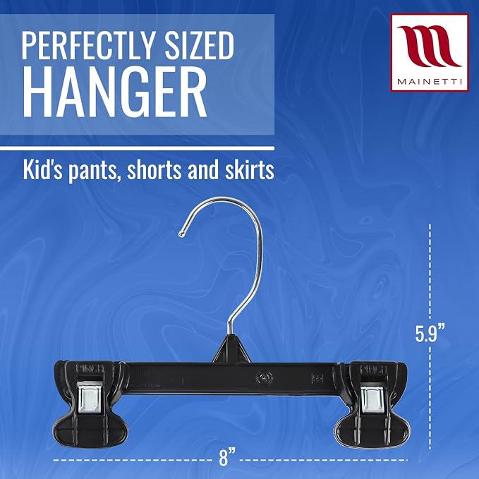 8in Black Plastic Children's Hangers with Rotating Hook (50 Pack) | Children's Black Plastic Hangers for Pants, Skirts Slacks & Bottoms, Rotating Metal Hook, Sturdy Plastic, Space-Saving Design - Image 3
