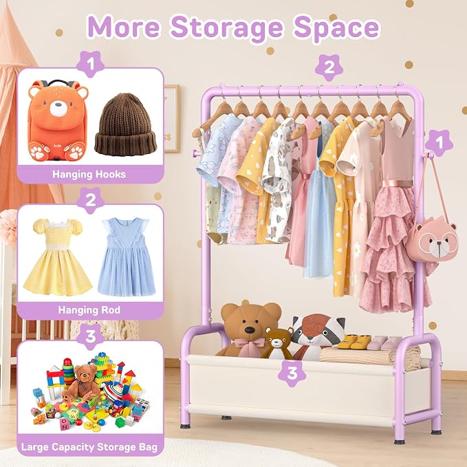 Kids Clothing Rack with Storage Shelf, Kids Dress Up Storage | for Coats, Small Baby Garment Rack for Hanging Clothes, Toddler Wardrobe Closet Organizer (Purple, Classic) - Image 4