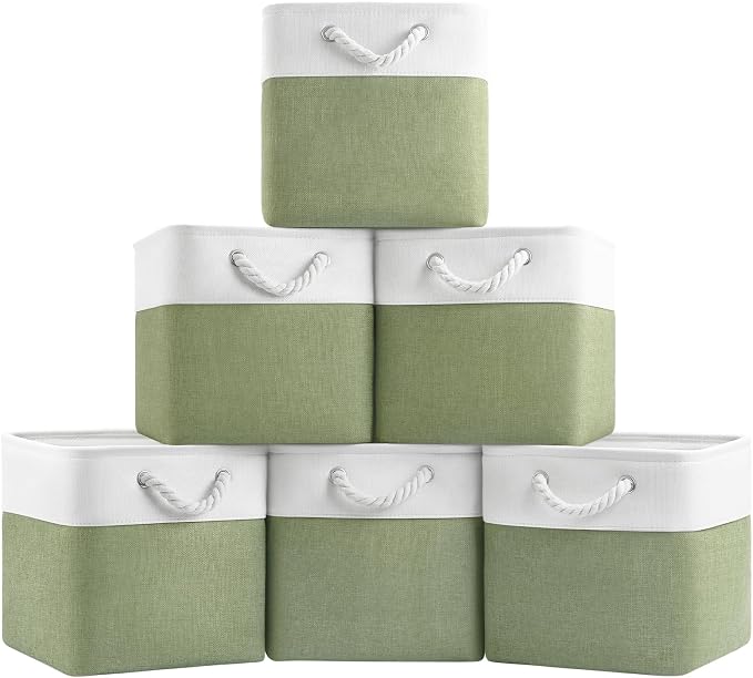 Patvingot 11-Inch Fabric Cube Storage Bins with Handles,6 Pack,Foldable | For cube shelves and closets,keeps grouped for everyday access,reinforced opening and fold-flat storage,white and green by Patvingot