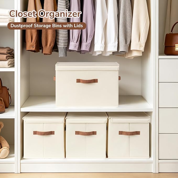 CHICVITA 4-Pack Large Fabric Storage Bins with Lids for Shelves, Ivory | 17.1" x 11.2" x 11.6" Decorative Storage Boxes with Handles for Clothes Fit Closet, Toy Box with Support Plate for Playroom - Image 2