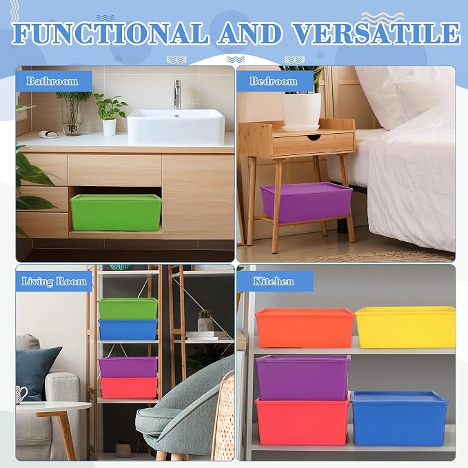 6 Pcs Large Plastic Storage Bins with Lids, Colorful | 14.4 x 10.4 x 5.1 Inch, Stackable Storage Containers, Decorative Cubby Organizer for Clothes Shelves Garage Closet Office - Image 5