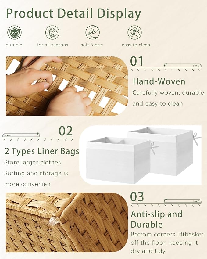 SETVSON Storage Basket with Lid, 2-Lid PE Rattan Storage Bin, Natural | 160L Storage Bin with 2 Separate Lids, 2 Removable Liners for Clothes & Blankets, Sturdy Metal Frame, PE Rattan - Image 3