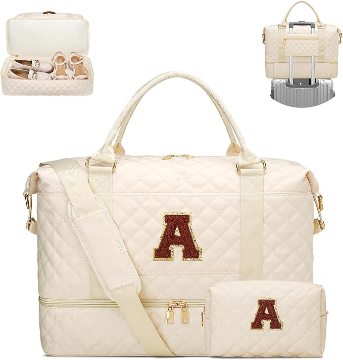 Personalized Gifts for Women Weekender Duffle Bags(Beige,A) | Monogrammed Gifts for Women-Overnight Bags with Toiletry Bag-Weekender Bags with Shoe Compartment for Travel by Unknown