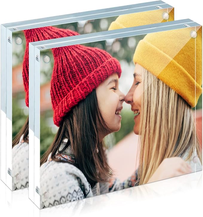 ILYXY 2 Pack Acrylic Frame 4x4, 20% Thicker, 20mm Thick Frameless Clear Picture Frame, Double Sided Magnetic Photo Frame, Free Standing Desktop Display Stand Acrylic Picture Frames by ILYXY