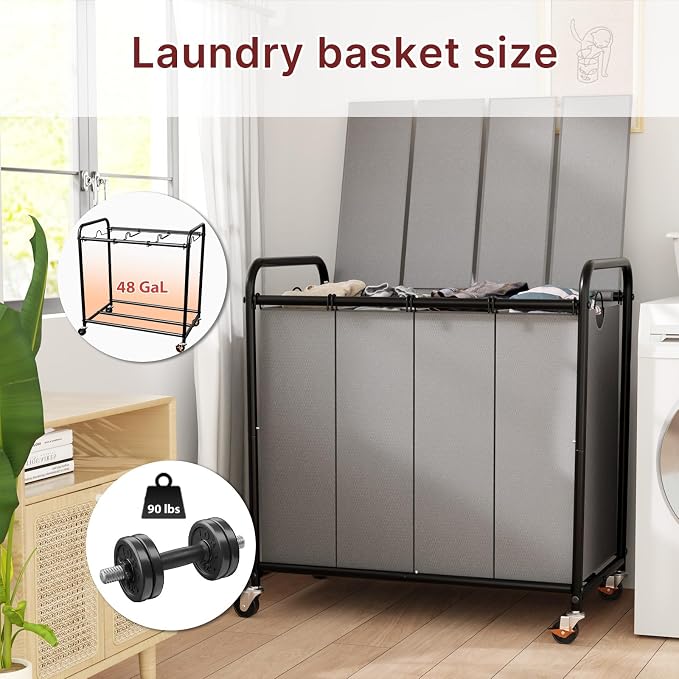 180L Laundry Sorter 4 Section with Lockable Wheels and Lid Grey | 4 Large Separate Removable Bags | Heavy Duty Rolling Laundry Basket | Laundry Hamper Cart for Laundry Room Organizer - Image 2