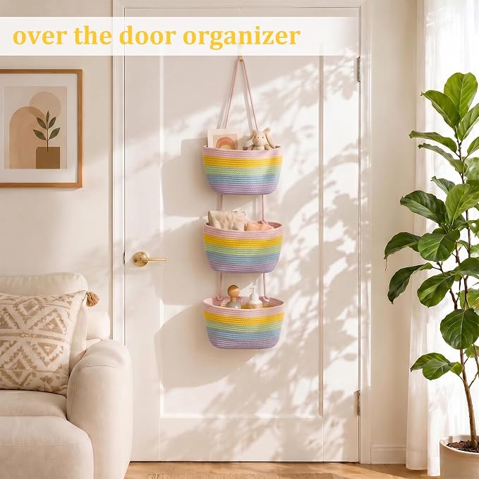 TeoKJ Over the Door Hanging Basket, 3-Tier Woven Cotton Wall-Mounted Storage Organizer Bag Decorative Hanging Nursery Baskets, Rainbow - Image 2