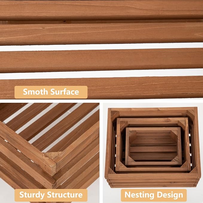 Set of 3 Nesting Wooden Storage Crates - Large Rustic Wooden Storage Crates for Display Brown Wood Container Boxes Wood Baskets for Farmhouse Flower Stand Display Rack for Shops Exhibitions Home Decor - Image 5