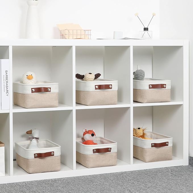 DULLEMELO Small Storage Bins, Storage Baskets for Organizing, Collapsible Rectangular Fabric Baskets for Shelves, Closets, Nursery, Home, Office, Empty Gift Baskets (6-Pack, White&Khaki) - Image 7