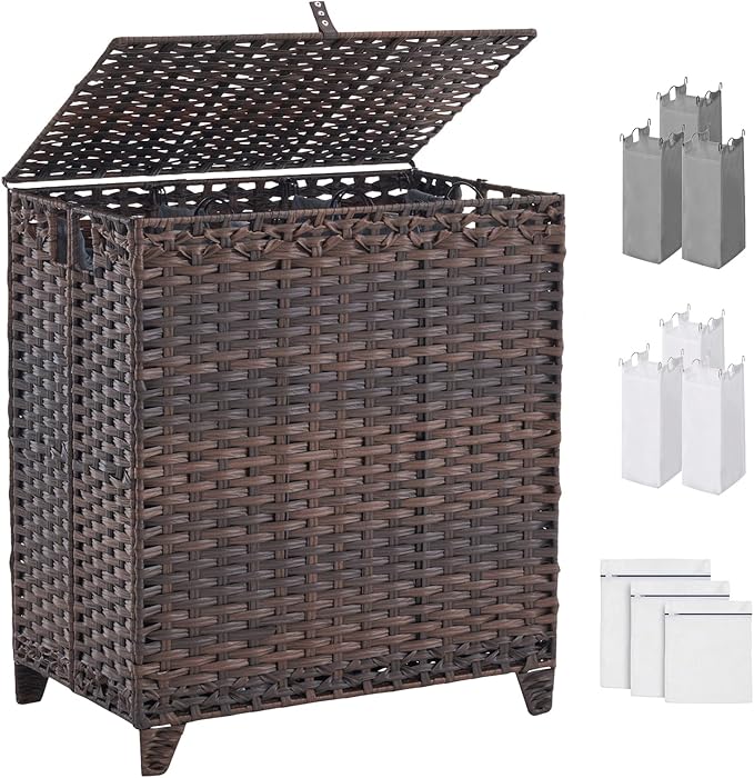 Laundry Hamper with Lid, 190L Large Laundry Basket 3 Section with 6 Removable Liner Bags & 3 Mesh Laundry Bags, Handwoven Rattan Clothes Hamper with Heightened Feet, No Install Needed, Brown by Hiagnete