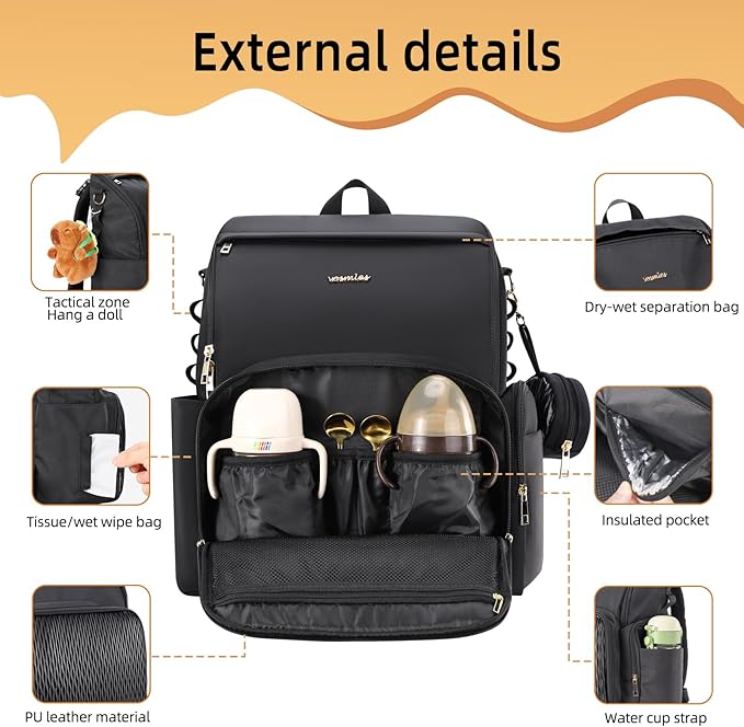Stylish Baby Diaper Bag, Baby Bag with Changing Pad, Pacifier Case& Stroller Straps, Large Diaper Backpack Boy Girl, Water Resistant Travel Diaper Backpack for Mom Dad - Image 2