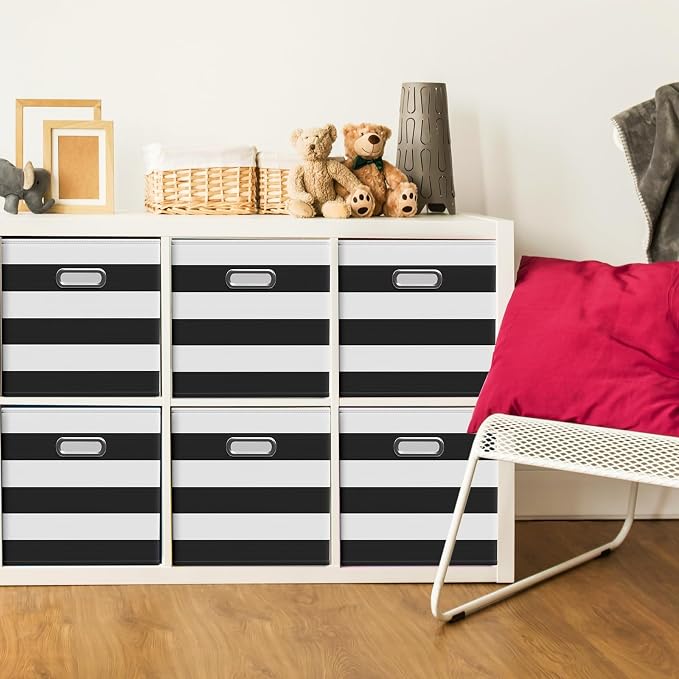 CroBlissful 13 Inch 6 Pack Fabric Storage Cubes with Metal Handles, Back to School Collapsible Organizer Bins for Classroom, Closet, Student Room, Toys and School Supplies (Black and White) - Image 2