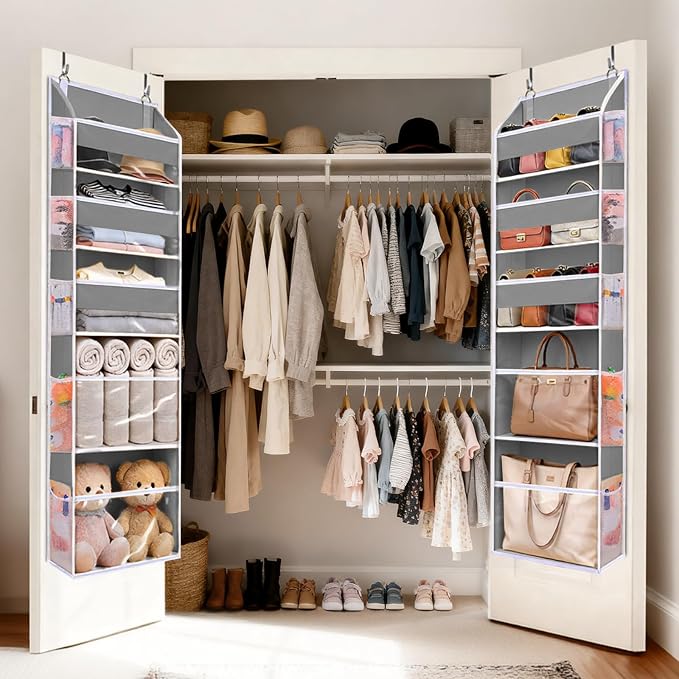 5 Tiers Over Door Organizer with 10 Mesh Side Pockets, 44 lbs Weight Capacity Hanging Storage Organizer with Clear Window Kids Toys, Shoes, Diapers, Dark Gray - Image 6