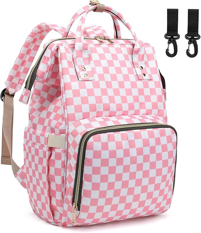 Checkered Pink Baby Diaper Bag Backpack for Women, Large Capacity Waterproof Maternity Travel Nappy Backpacks with Stroller Straps by Dezcrab